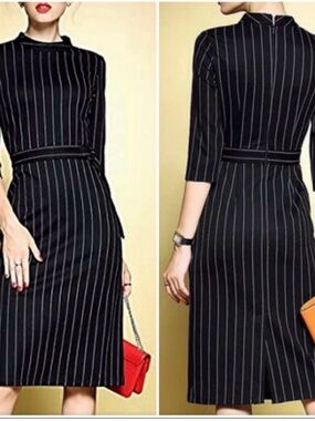Classic Black Pinstripe Sheath Dress - Women